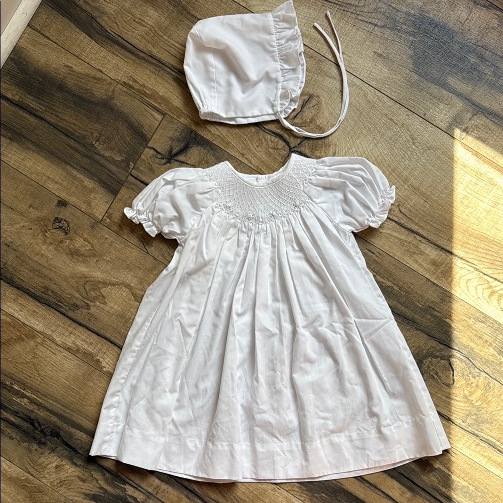 Petit Ami White Baby Dress with Bonnet